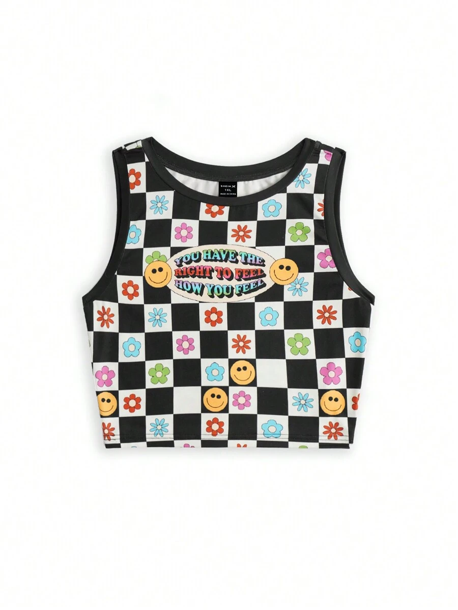 themindfulbutterflyy Artist Girlcore Women's Plus Size Slim Fit Round Neck Cartoon Print Flower Pattern Tank Top, For Holiday, Vacation, Spring, Beach, Going Out, Festival, Ibiza Fits