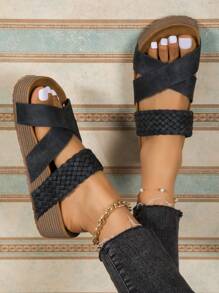 Women's Country Style Pu Woven Fashionable Thick Bottom Soft Slippers - Dark Grey - View 4