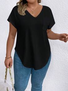 EMERY ROSE Plus Size Solid Color V-Neck Short Sleeve Casual T-Shirt