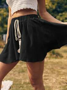 Breezaya Màu thuần Dây rút Xù Hoa Sen Quần short - màu đen - Xem 6