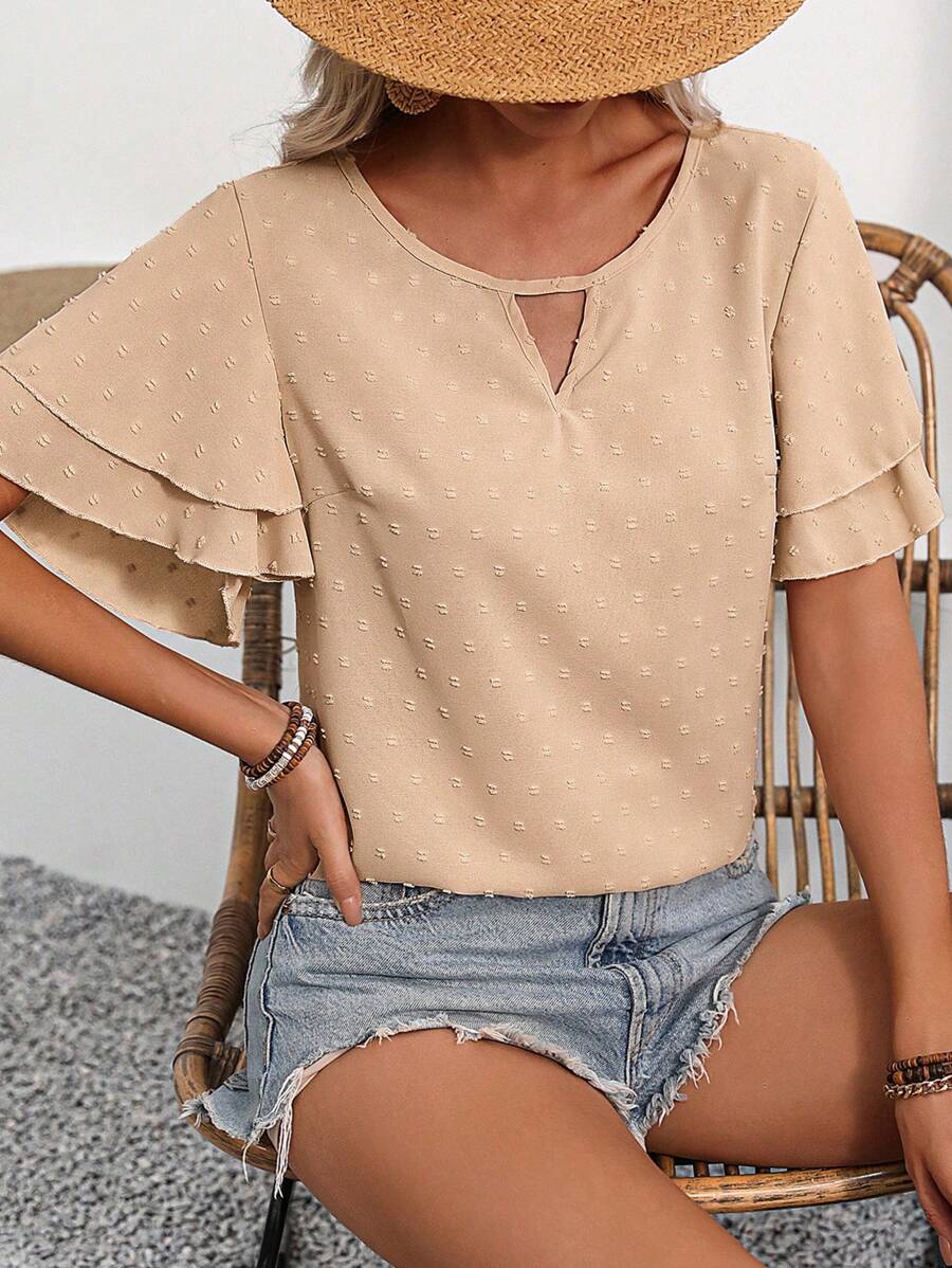 SHEIN LUNE Women's Ruffle Sleeve Embroidered Polka Dots Shirt With V-Neckline - Apricot - View 1