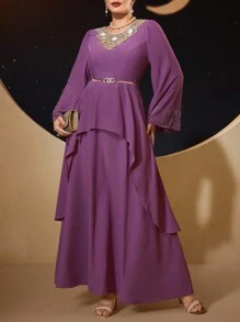 Modelyn 大码女式圆领花卉贴花装饰喇叭袖连衣裙，优雅晚会礼服长款晚礼服 - 紫色 - 查看 1