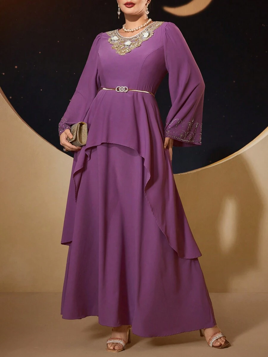 Modelyn 大码女式圆领花卉贴花装饰喇叭袖连衣裙，优雅晚会礼服长款晚礼服 - 紫色 - 查看 1