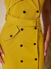 L'Amorae Women's Solid Color Sleeveless Trench Coat With Double-Breasted Buttons And Waist Belt - Lime Green - View 3