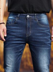 Manfinity Homme Men Cotton Slant Pocket Skinny Plain Dark Blue Slim Fit Long Dark Wash Jeans Washed Cargo Jeans, For Husband, Boyfriend Gifts Going Out Hang Out Commute Work Urban - Dark Wash - View 4