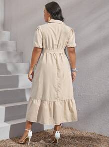 SHEIN VCAY Plus Striped Print Ruffle Hem Belted Shirt Summer Dress - Yellow - View 2