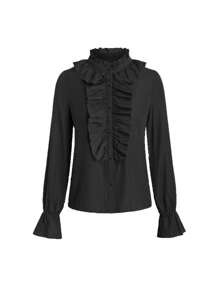 Chiquease Femme Chemise À Manches Cloches Solides Avec Garniture Volantée Colorée - Noir - Voir 1