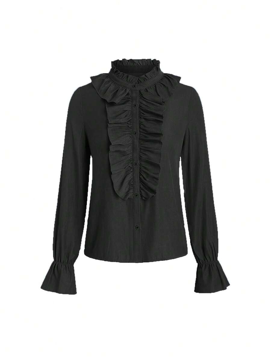 Chiquease Femme Chemise À Manches Cloches Solides Avec Garniture Volantée Colorée - Noir - Voir 1