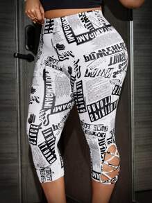 Calvaya Women's Plus Size Newspaper Print Hollow Out Sports & Casual Leggings - Black and White - View 5