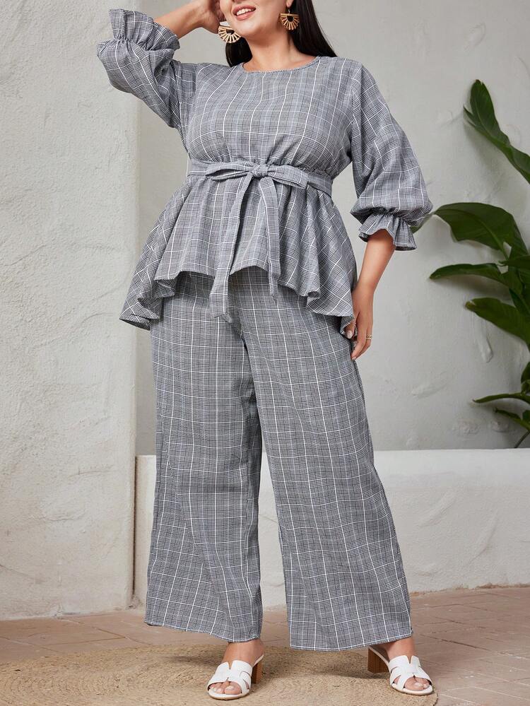 Women's Plus Size Plaid Print Belted Ruffle Sleeve Shirt And Wide Leg Pants Set 2 Piece Set
