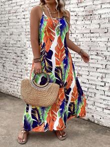 SHEIN Clasi 大码波西米亚风休闲度假植物印花吊带连衣裙，适合夏季 - 橘色 - 查看 6