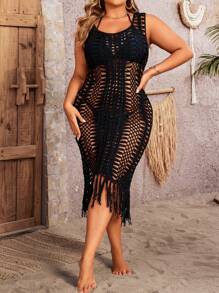 Breezaya Plus Size Solid Color Knitted Fringed Hem Sweater Dress With Hollow Design