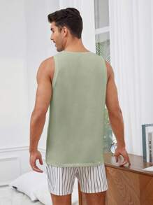 SHEIN 2 Unids/set Chaleco De Color Sólido Para Hombres Y Pantalones Cortos A Rayas Ropa De Casa Informal