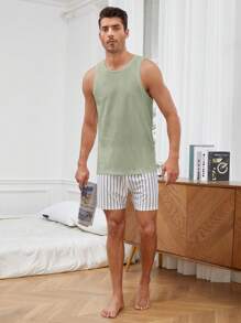 SHEIN 2 Unids/set Chaleco De Color Sólido Para Hombres Y Pantalones Cortos A Rayas Ropa De Casa Informal