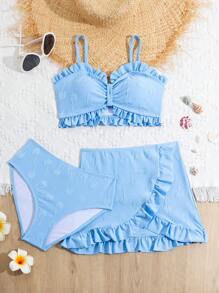 Tween Girl Palm Tree Flocked Bikini Set With Scallop Trim, Bathing Suit Beach Outfit Summer Vacation Summer Beach - Blue - View 1