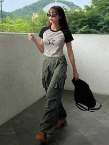 DAZY 女式五角星印花插肩袖拼色短袖T恤，女式短款上衣 - 黑色 - 查看 2