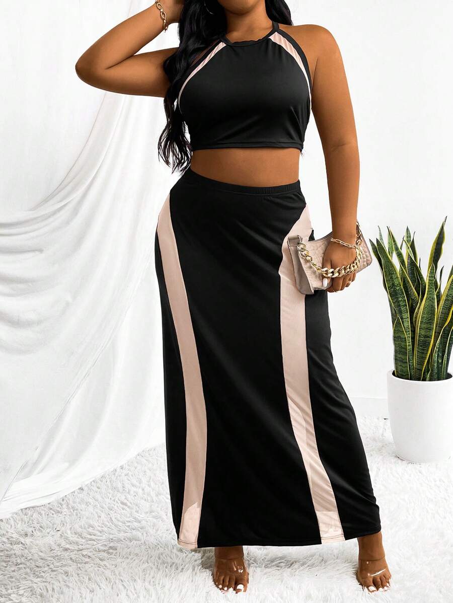 Maweii Plus Size Mesh Contrast Color-Contrast Two-Piece Set - Black - View 1