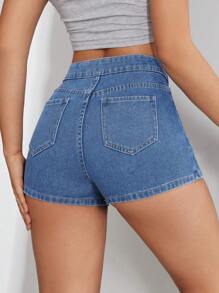 SHEIN ICON 女士十字交叉綁帶不對稱襬牛仔短裙褲 - 中等水洗藍 - 查看 3
