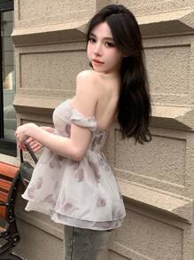 DAZY Women's Off Shoulder Chiffon Floral Printed Ruffle Hem Blouse Babydoll Top Going Out Tops Tube Top Easter - Grey - View 5