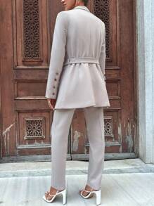 EURMUSE Lapel Neck Belted Blazer & Pants - Apricot - View 2
