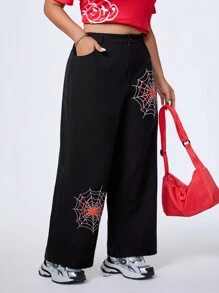 SHEIN EZwear CURVE Plus Size Spider Web Pattern Straight Pants With Diagonal Pockets - Black - View 6