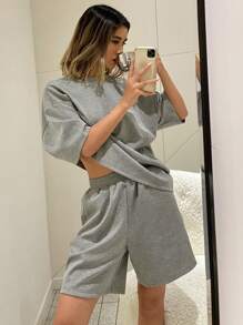 Livesso Women's Round Neck T-Shirt And Shorts Cozy Homewear Set Summer Pajama - Grey - View 8