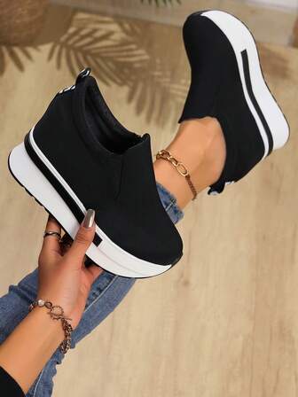 Women's Platform Wedge Sneakers With Elastic Slip-On, Casual Sports Shoes, Runs Small, Recommend Ordering One Size Up For High Instep