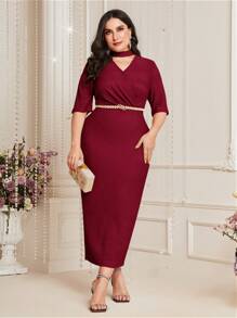 Modelyn Burgundy Red Plus Size Women's Solid Color Choker V-Neck Short Sleeve Dress - Burgundy - View 1