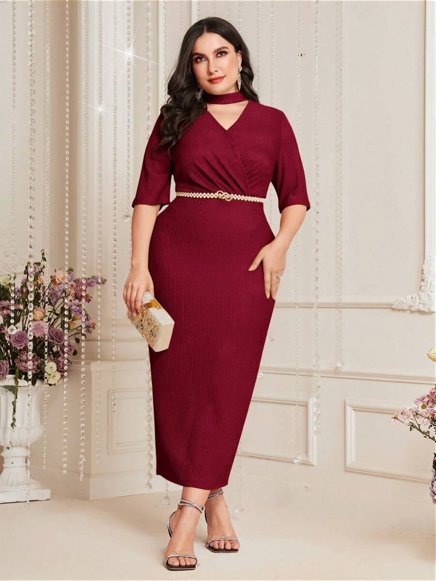 Modelyn Burgundy Red Plus Size Women's Solid Color Choker V-Neck Short Sleeve Dress - Burgundy - View 1