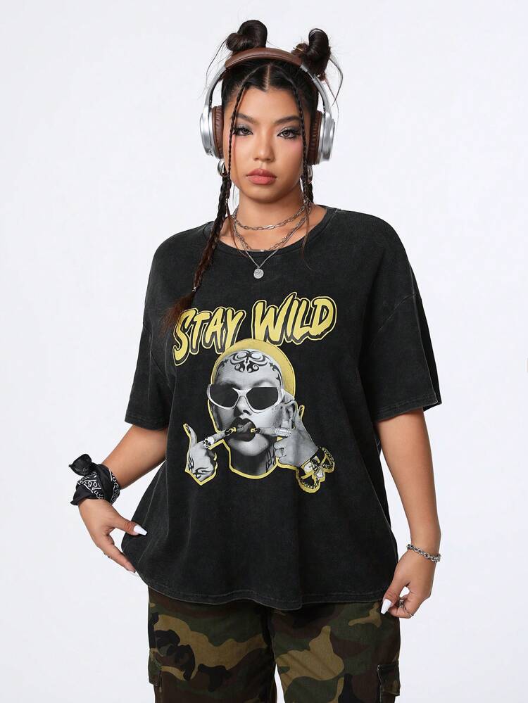Women's Plus Size Black T-Shirt With Portrait And Slogan Design