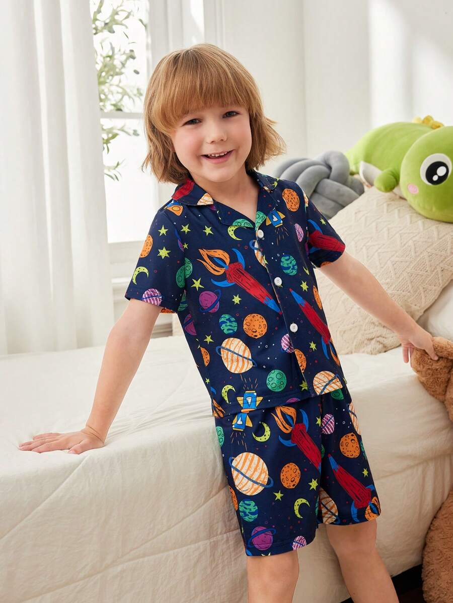 Young Boy Comfortable Planet Printed Pajama Set - Navy Blue - View 1