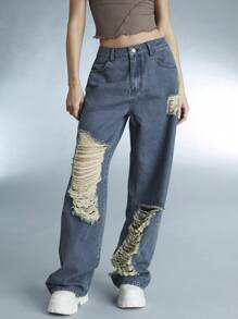 Forever 21 Y2k Vintage Distressed Hollow Out Motorcycle Style Denim Pants For Women