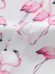 Men's Pink Flamingo Print Short Sleeve Shirt - Red and White - View 5