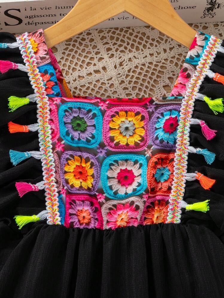 Young Girl Flower Pattern Asymmetrical Ruffles Hem & Tassel Dress - Black - View 3