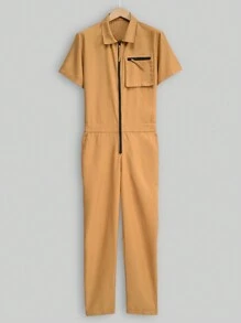 Manfinity Homme Nam Màu thuần Mặt trước Zip Ngắn tay Áo liền quần - Màu Khaki - Xem 3