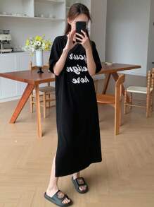 DAZY Loose Fit Homewear Lounge Dress With Letter Print Summer, Moo Moo Pajama