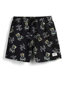 Surfspeed Men's Cartoon Bear Pattern Drawstring Beach Shorts - Black - View 4