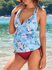 SHEIN Summer Maternity Flower Printed Halter Neck Top And Solid Triangle Bottoms Swimwear Set