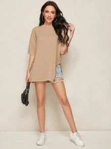 SHEIN Essnce Ladies' Solid Color Side Split Drop Shoulder Tee - Camel - View 5