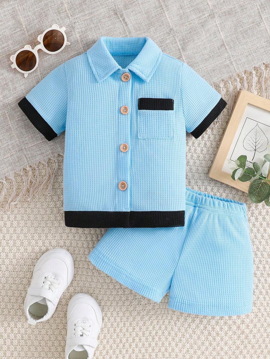 Conjunto De Camisa De Manga Corta Con Cuello De Cuadros Estilo Elegante De Caballero Para Niño Y Shorts Con Diseño De Bloque De Color - Multicolor - Ver 1