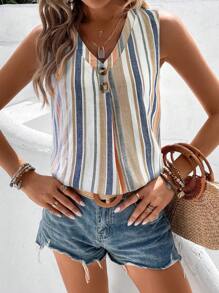 Breezaya Striped Button Detail Sleeveless V Neck Blouse