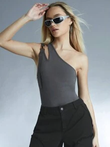 Forever 21 Music Festival Personalized Creative Design Asymmetrical Neck Hollow Out Metallic Decorated Women Top - Dark Grey - View 4