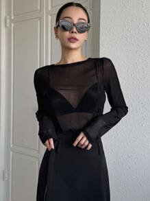 DAZY 纯色网眼圆领长袖上衣外出上衣夏季透视短款女式上衣 - 黑色 - 查看 6