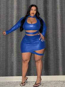 Slaydiva Thanh lịch và gợi cảm Màu Trơn Slim Fit Khoét Hở Bất Đối Xứng Phủ Pu Vải Plus Kích Thước Tay Dài Mini Dành Cho Nữ - Xanh đậm - Xem 1