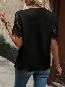 EMERY ROSE Solid Color Lace Patchwork Asymmetrical Collar Shirt