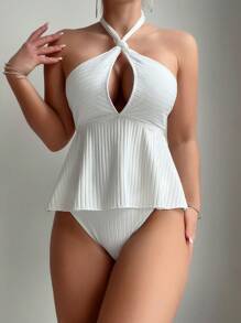 SHEIN Swim Summer Women's Solid Ribbed Halter Top & Swim Bottom Tankini Set - White - View 1