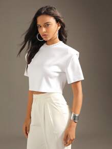 Anewsta Elegant Pearl Trimmed White Textured Women's T-Shirt