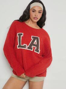 Denimoi Letter Pattern Drop Shoulder Sweater - Red - View 5