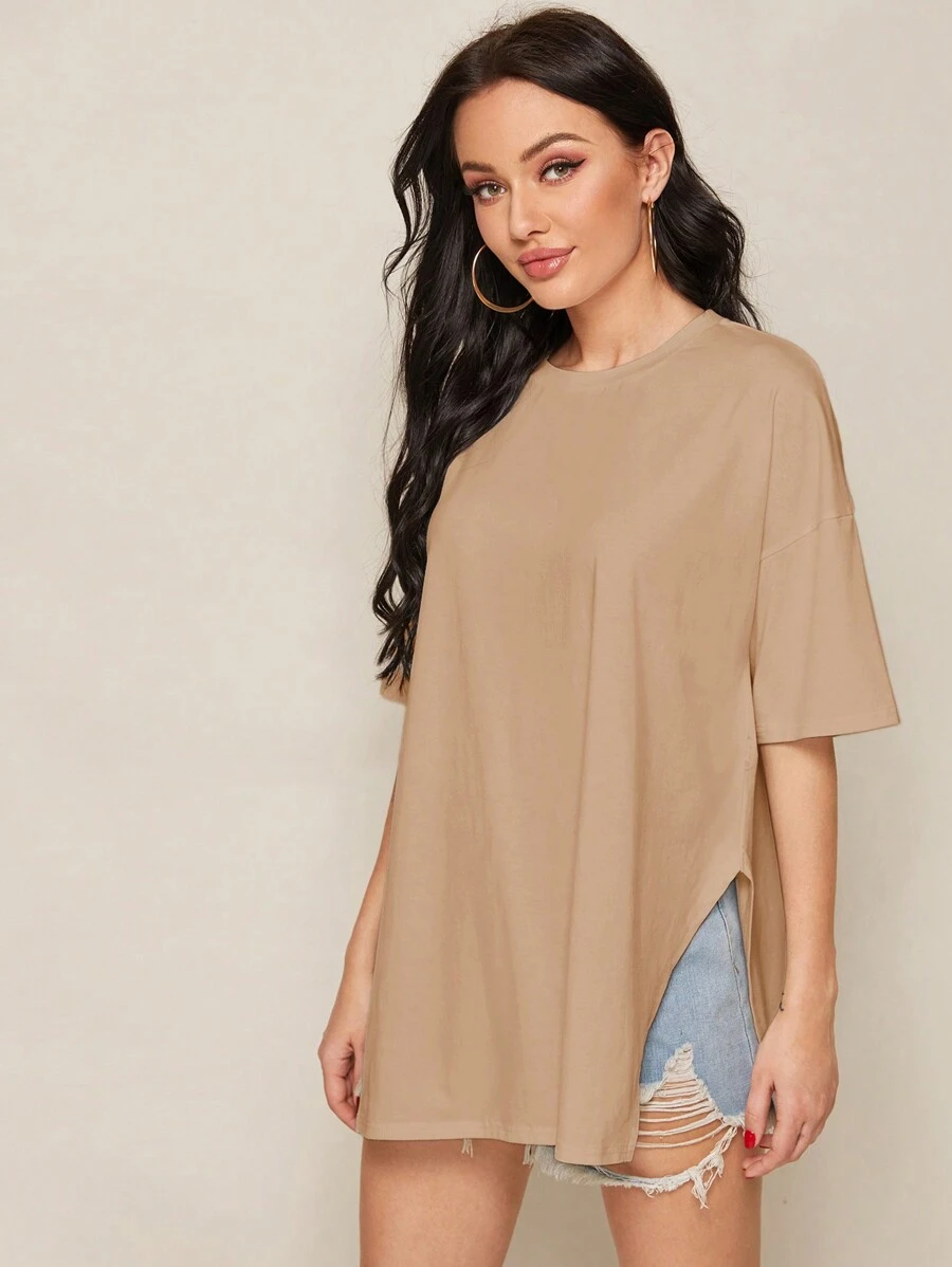 SHEIN Essnce Ladies' Solid Color Side Split Drop Shoulder Tee - Camel - View 1