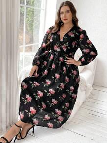 Modelyn Plus Size Floral Print Lantern Sleeve V-Neck Dress - Black - View 6